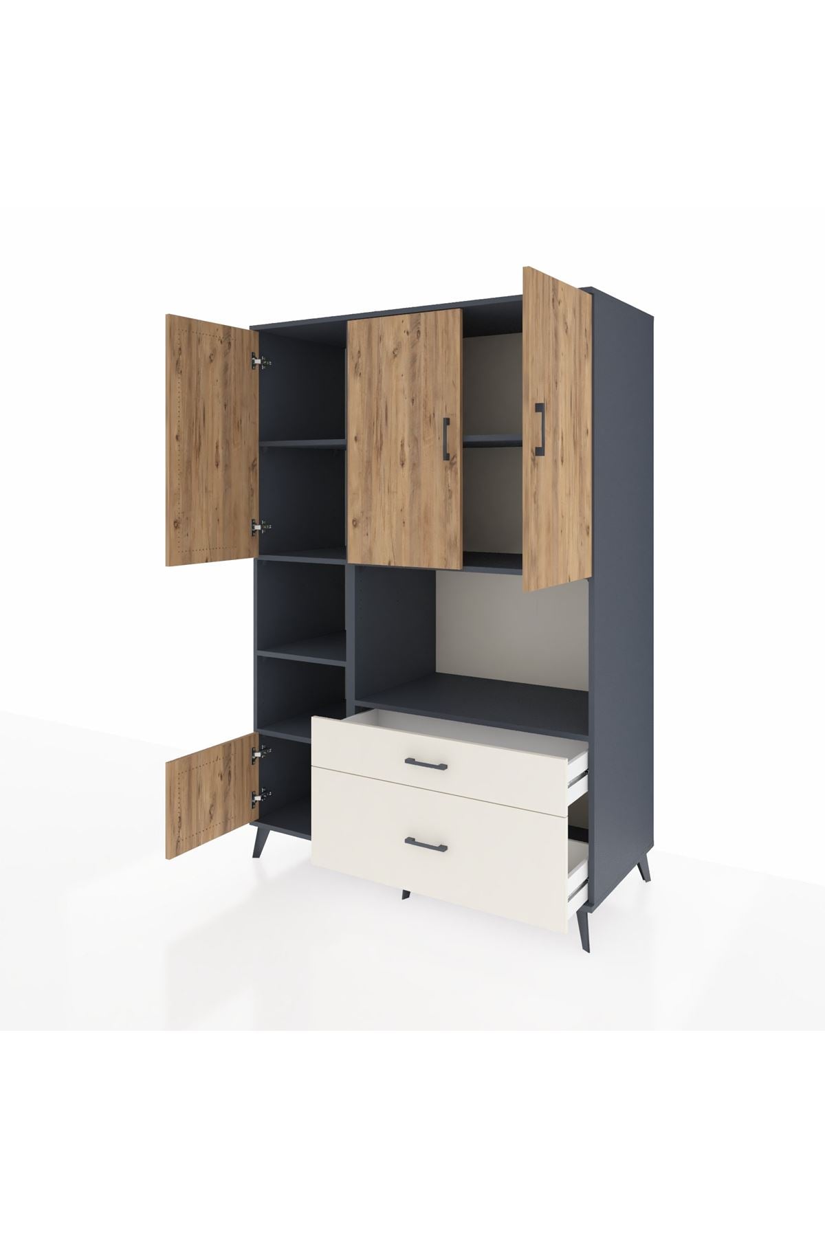 Kronos Dolap 7 Raflı 2 Çekmeceli 5 Kapaklı 132x59x195 Antrasit-Çam/Aytaşı