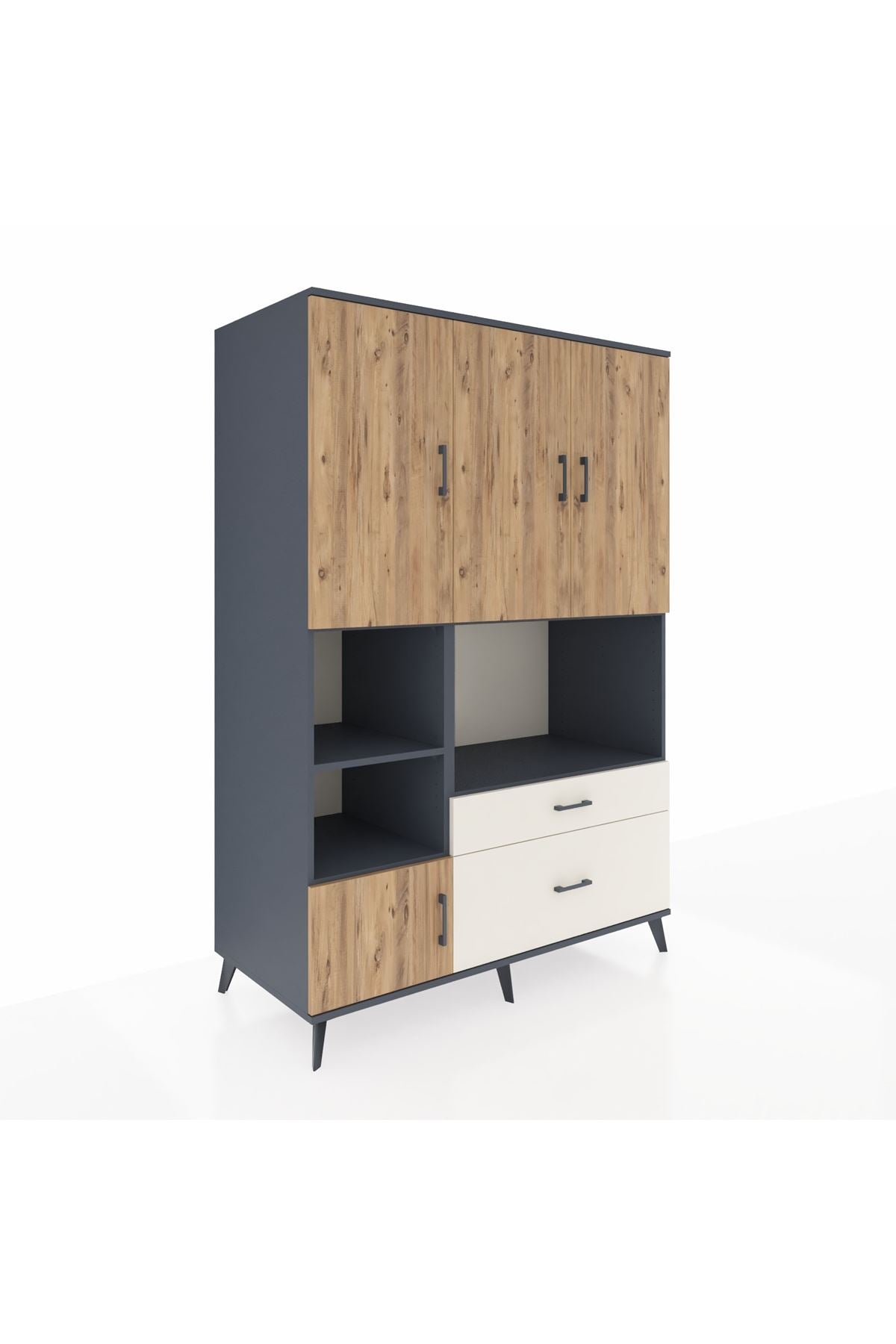 Kronos Dolap 7 Raflı 2 Çekmeceli 5 Kapaklı 132x59x195 Antrasit-Çam/Aytaşı