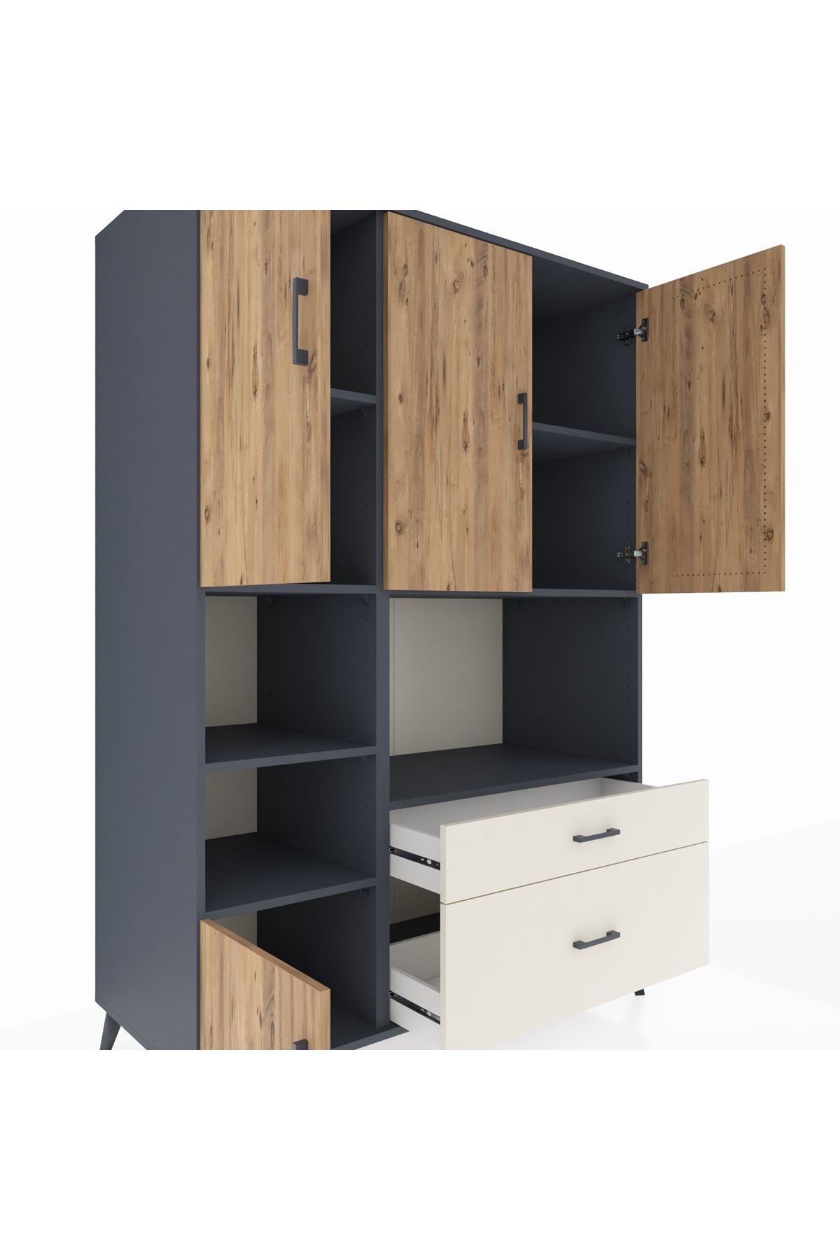 Kronos Dolap 7 Raflı 2 Çekmeceli 5 Kapaklı 132x59x195 Antrasit-Çam/Aytaşı