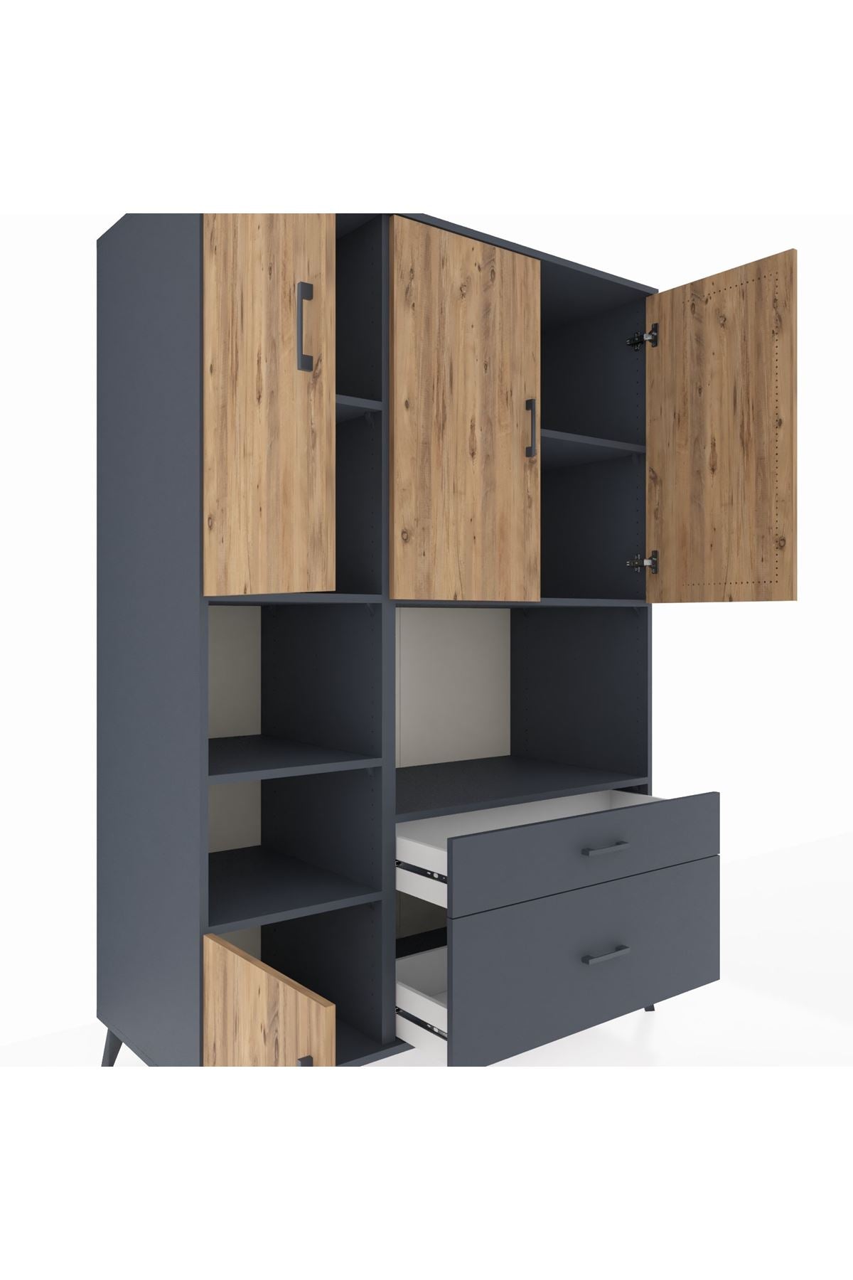 Kronos Dolap 7 Raflı 2 Çekmeceli 5 Kapaklı 132x59x195 Antrasit-Çam/Antrasit