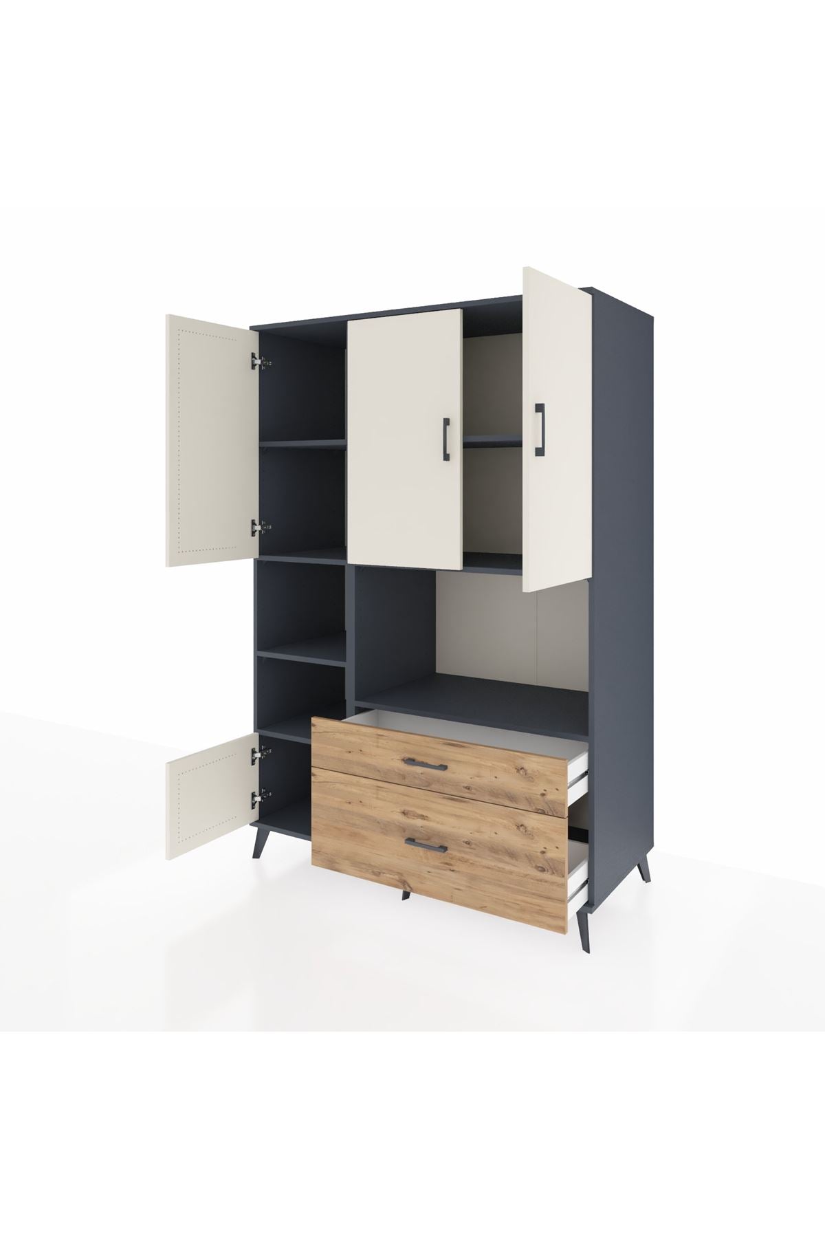 Kronos Dolap 7 Raflı 2 Çekmeceli 5 Kapaklı 132x59x195 Antrasit-Aytaşı/Çam