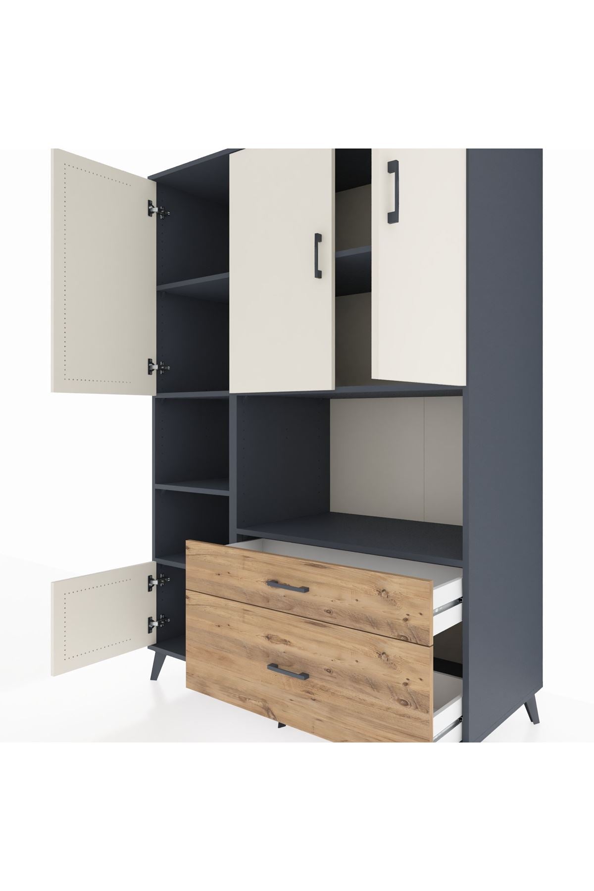 Kronos Dolap 7 Raflı 2 Çekmeceli 5 Kapaklı 132x59x195 Antrasit-Aytaşı/Çam