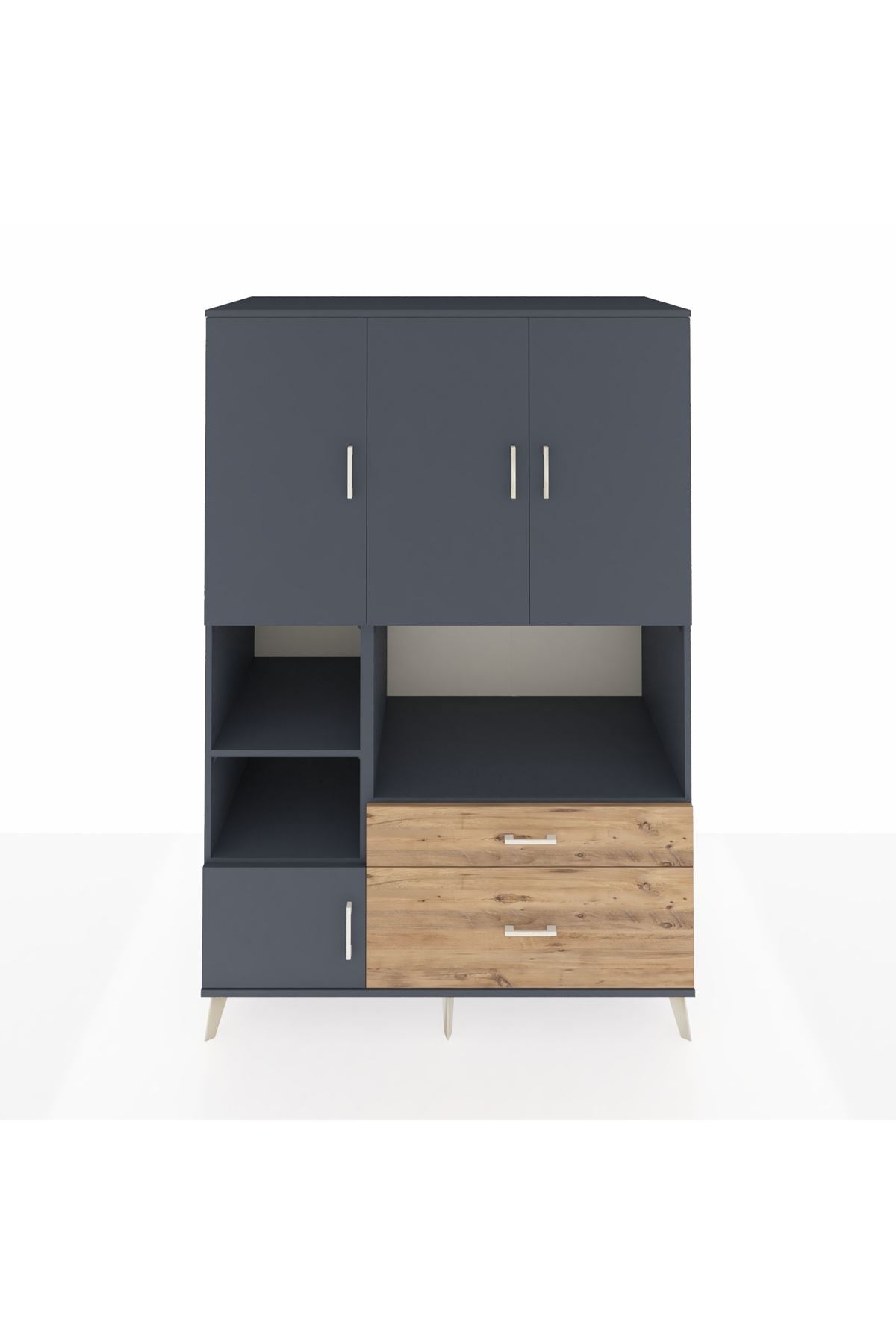 Kronos Dolap 7 Raflı 2 Çekmeceli 5 Kapaklı 132x59x195 Antrasit-Antrasit/Çam