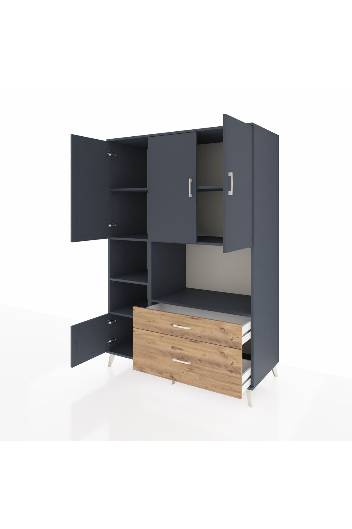 Kronos Dolap 7 Raflı 2 Çekmeceli 5 Kapaklı 132x59x195 Antrasit-Antrasit/Çam