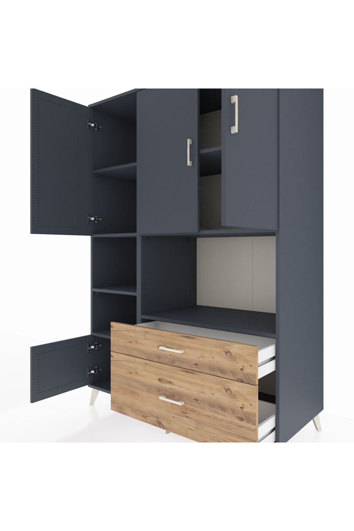 Kronos Dolap 7 Raflı 2 Çekmeceli 5 Kapaklı 132x59x195 Antrasit-Antrasit/Çam