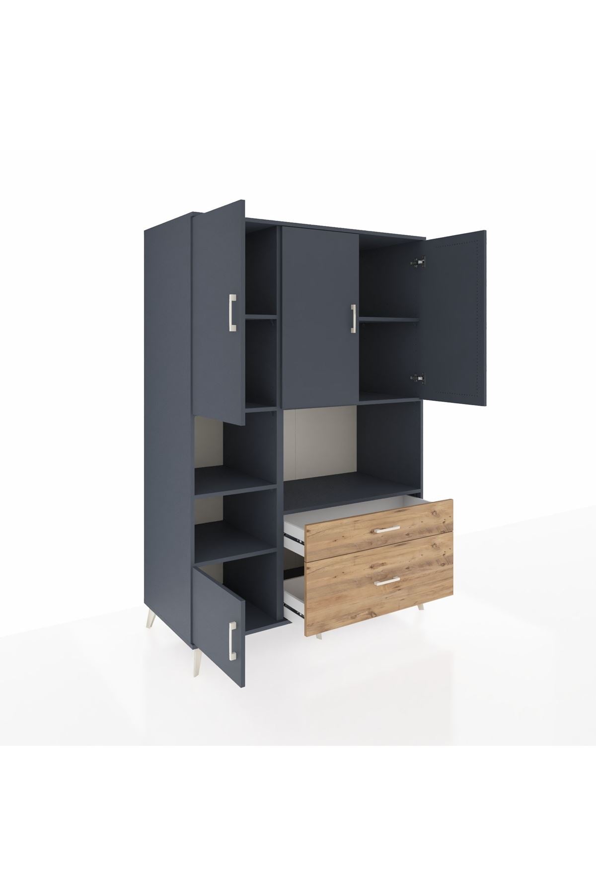 Kronos Dolap 7 Raflı 2 Çekmeceli 5 Kapaklı 132x59x195 Antrasit-Antrasit/Çam