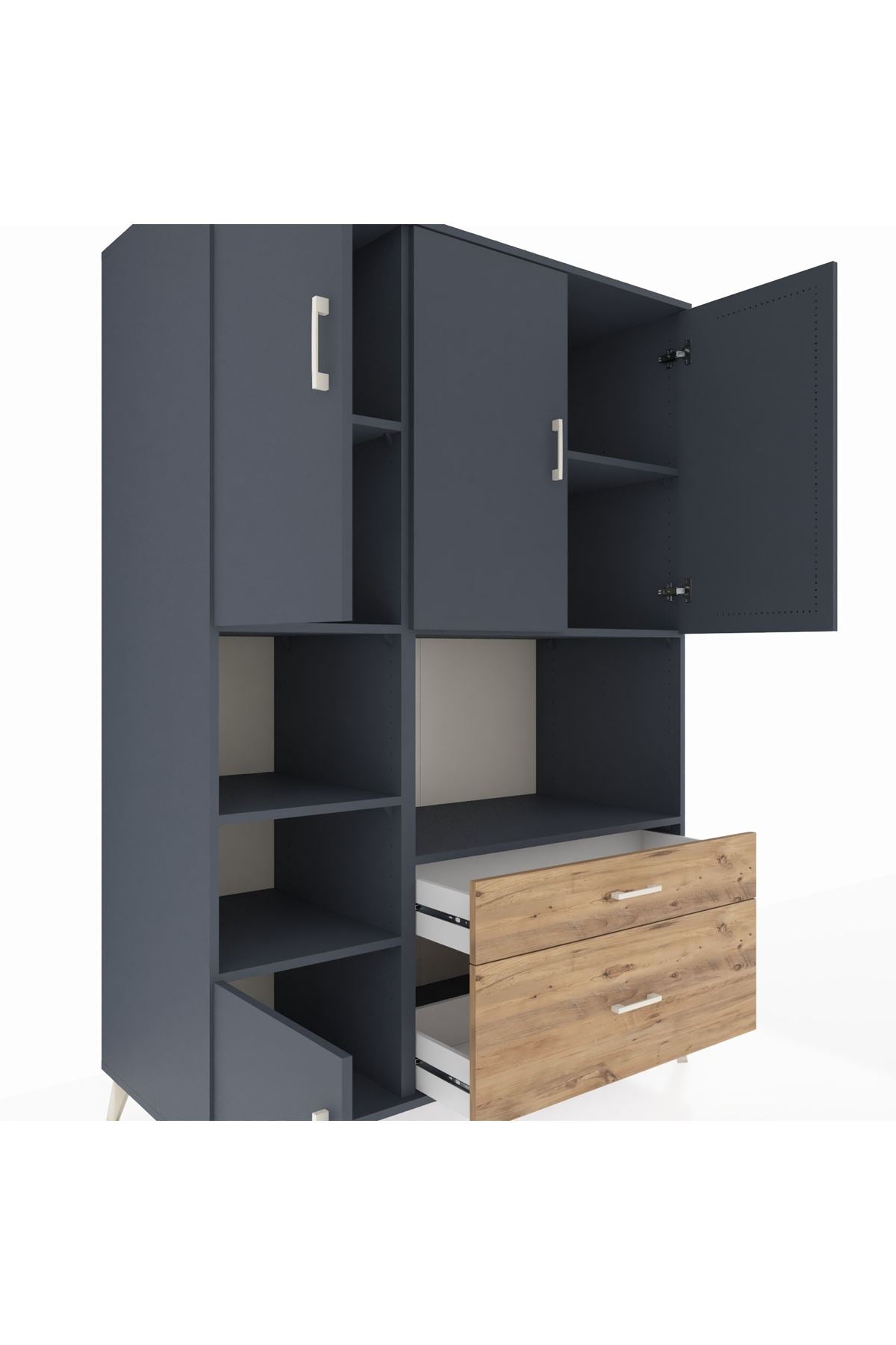 Kronos Dolap 7 Raflı 2 Çekmeceli 5 Kapaklı 132x59x195 Antrasit-Antrasit/Çam