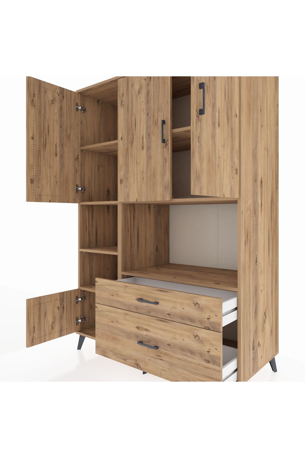 Kronos Dolap 7 Raflı 2 Çekmeceli 5 Kapaklı 132x59x195 Çam-Çam/Çam