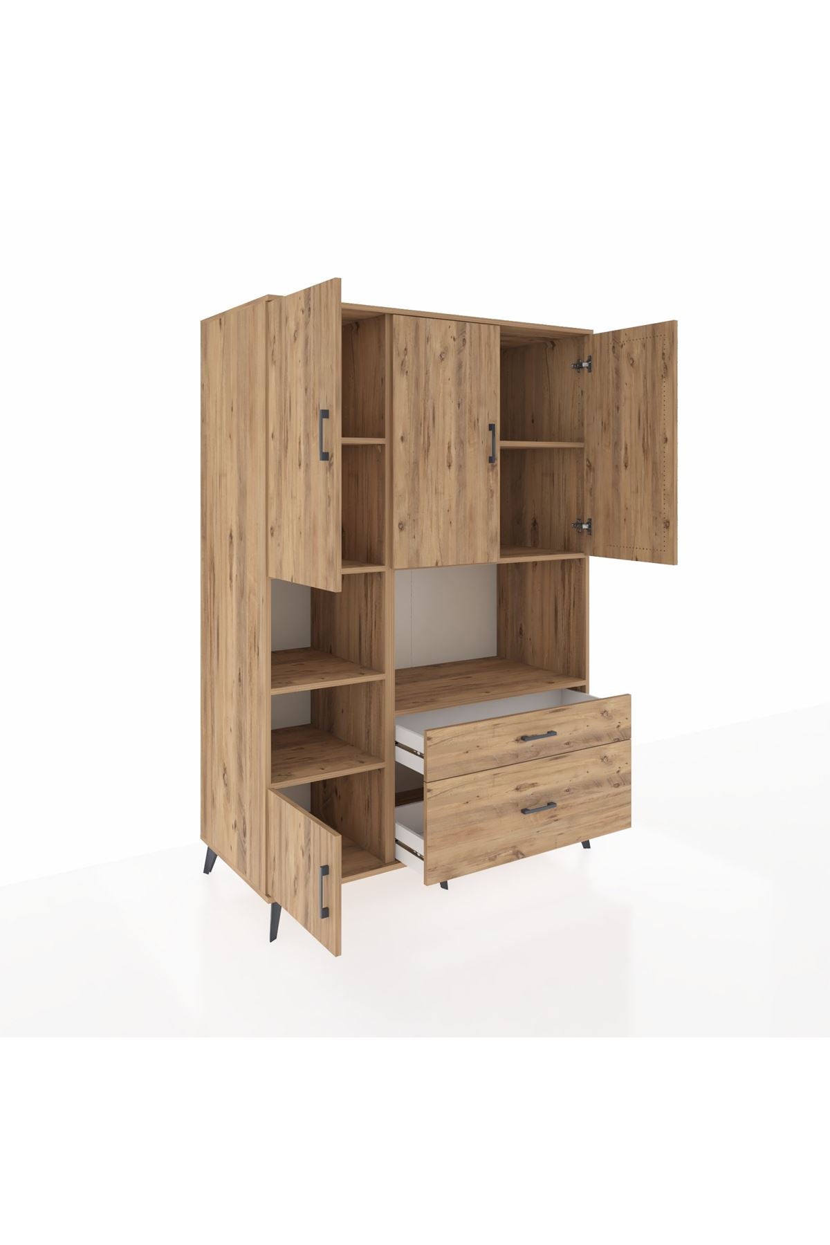 Kronos Dolap 7 Raflı 2 Çekmeceli 5 Kapaklı 132x59x195 Çam-Çam/Çam