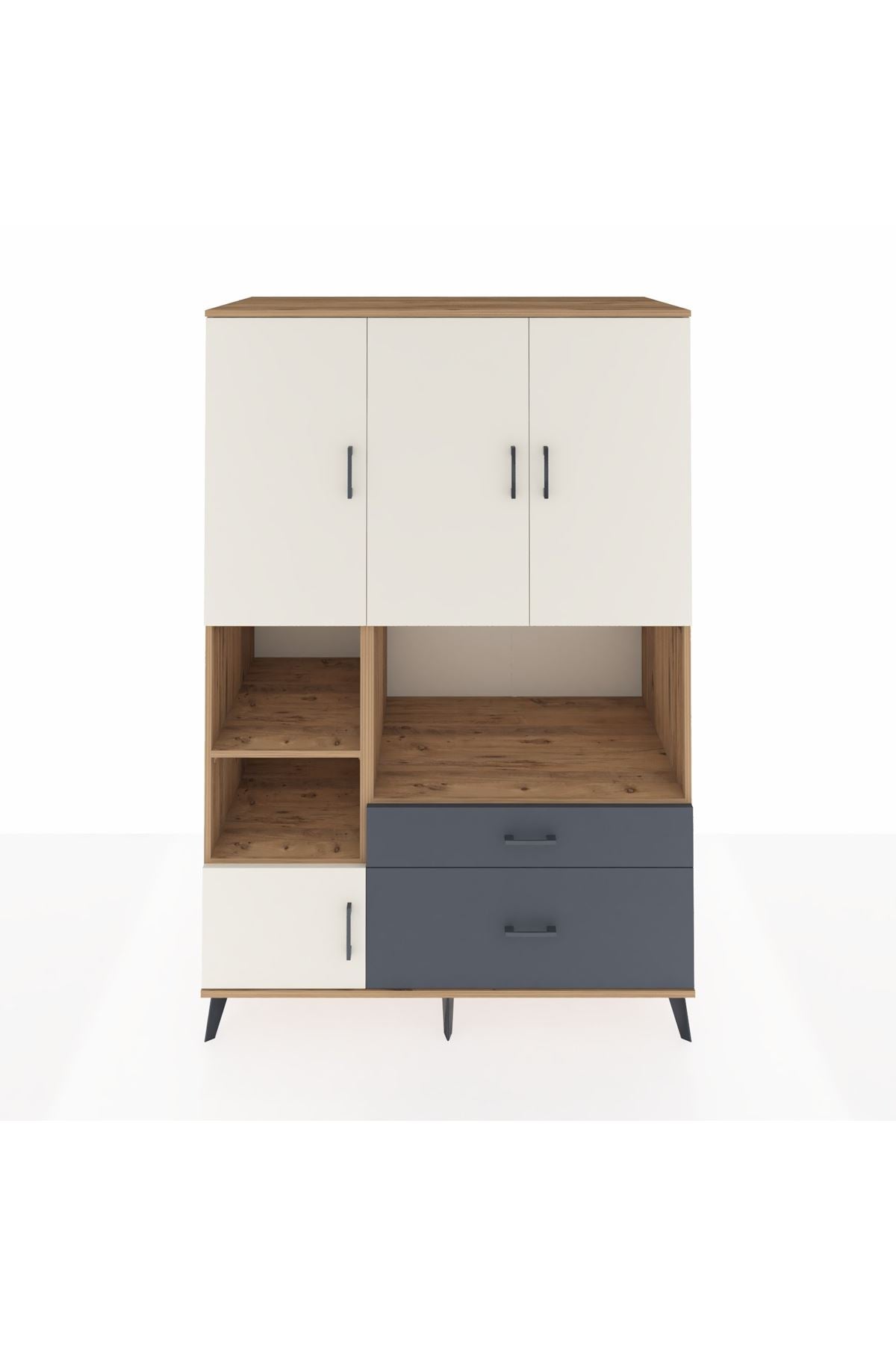 Kronos Dolap 7 Raflı 2 Çekmeceli 5 Kapaklı 132x59x195 Çam-Aytaşı/Antrasit