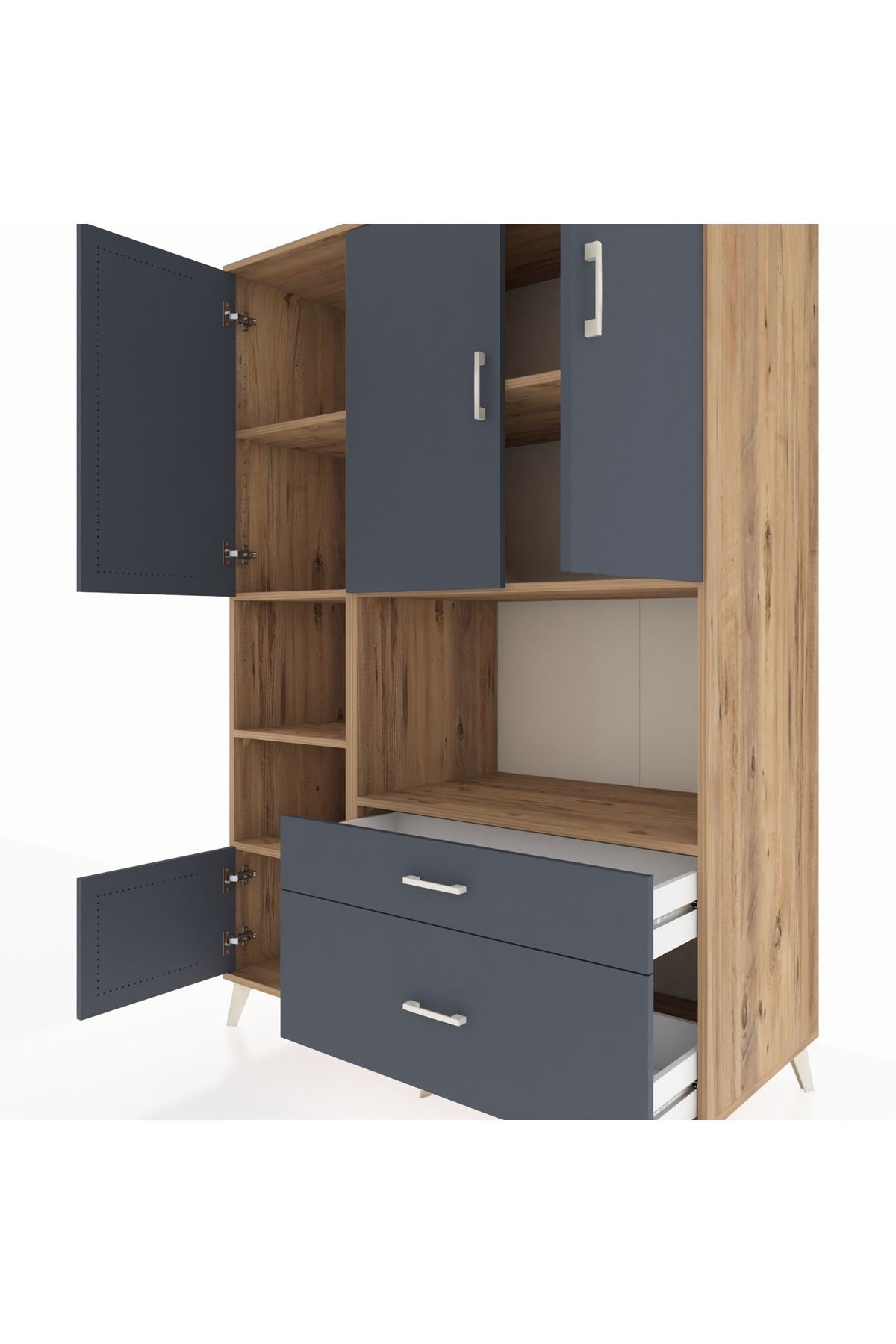 Kronos Dolap 7 Raflı 2 Çekmeceli 5 Kapaklı 132x59x195 Çam-Antrasit/Antrasit