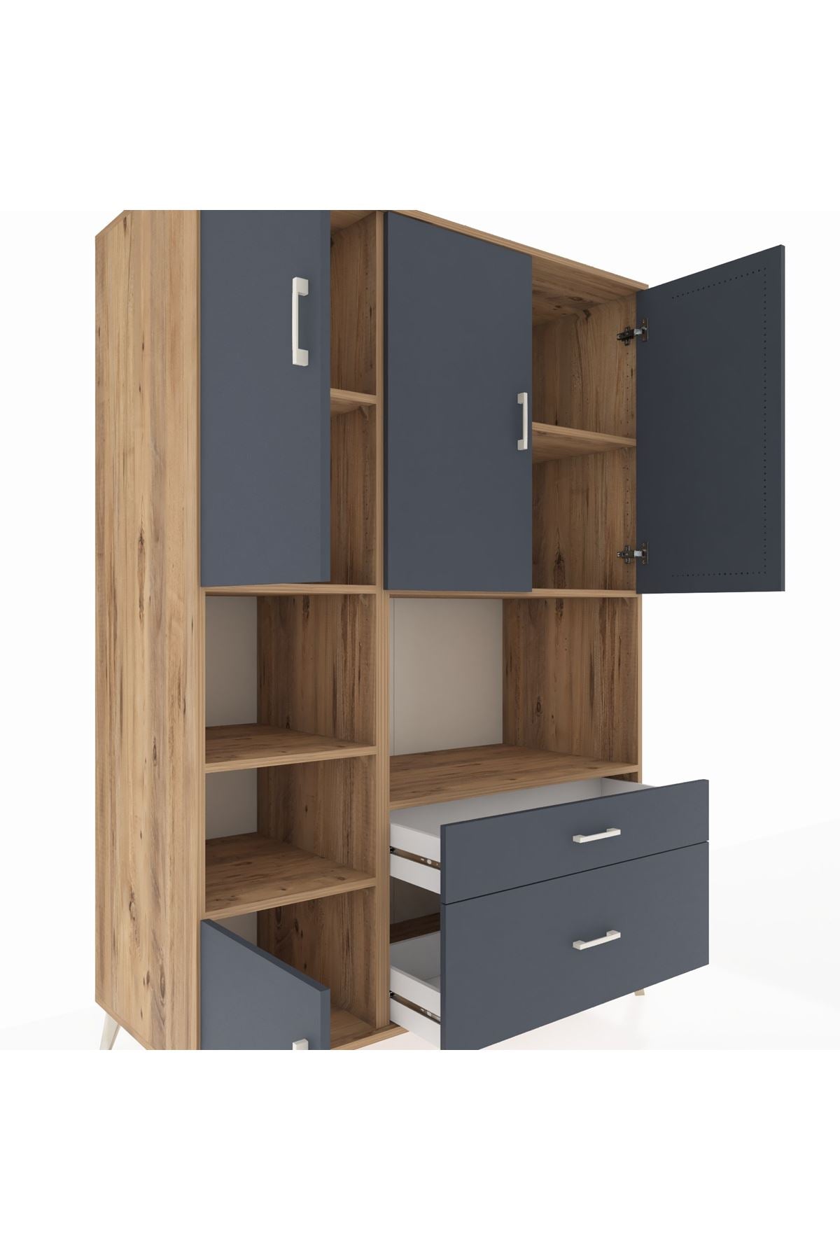 Kronos Dolap 7 Raflı 2 Çekmeceli 5 Kapaklı 132x59x195 Çam-Antrasit/Antrasit