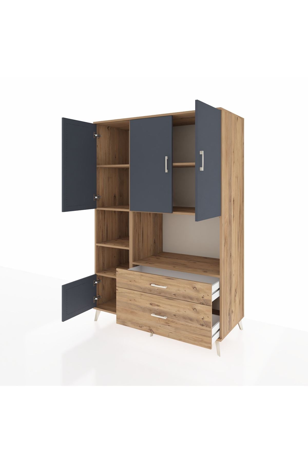 Kronos Dolap 7 Raflı 2 Çekmeceli 5 Kapaklı 132x59x195 Çam-Antrasit/Çam