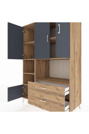 Kronos Dolap 7 Raflı 2 Çekmeceli 5 Kapaklı 132x59x195 Çam-Antrasit/Çam