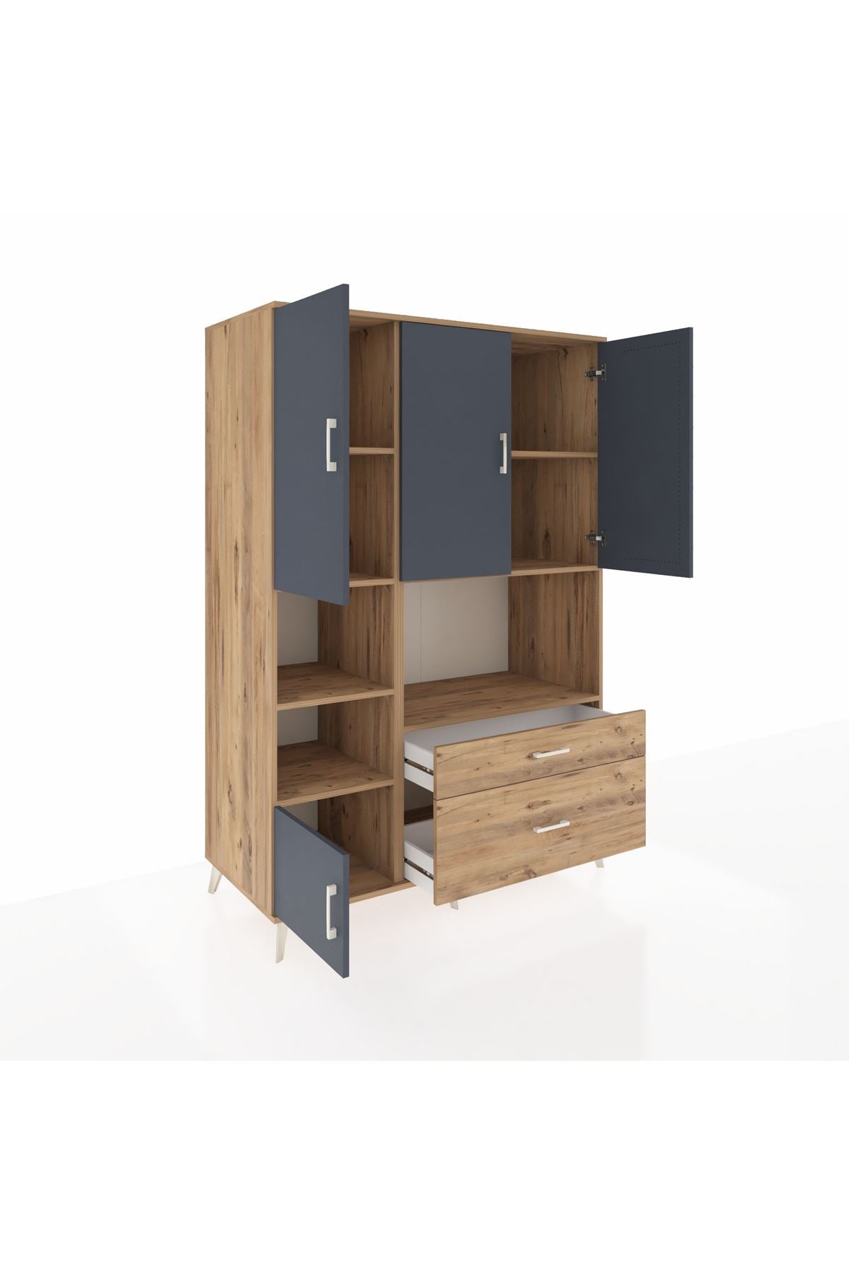 Kronos Dolap 7 Raflı 2 Çekmeceli 5 Kapaklı 132x59x195 Çam-Antrasit/Çam