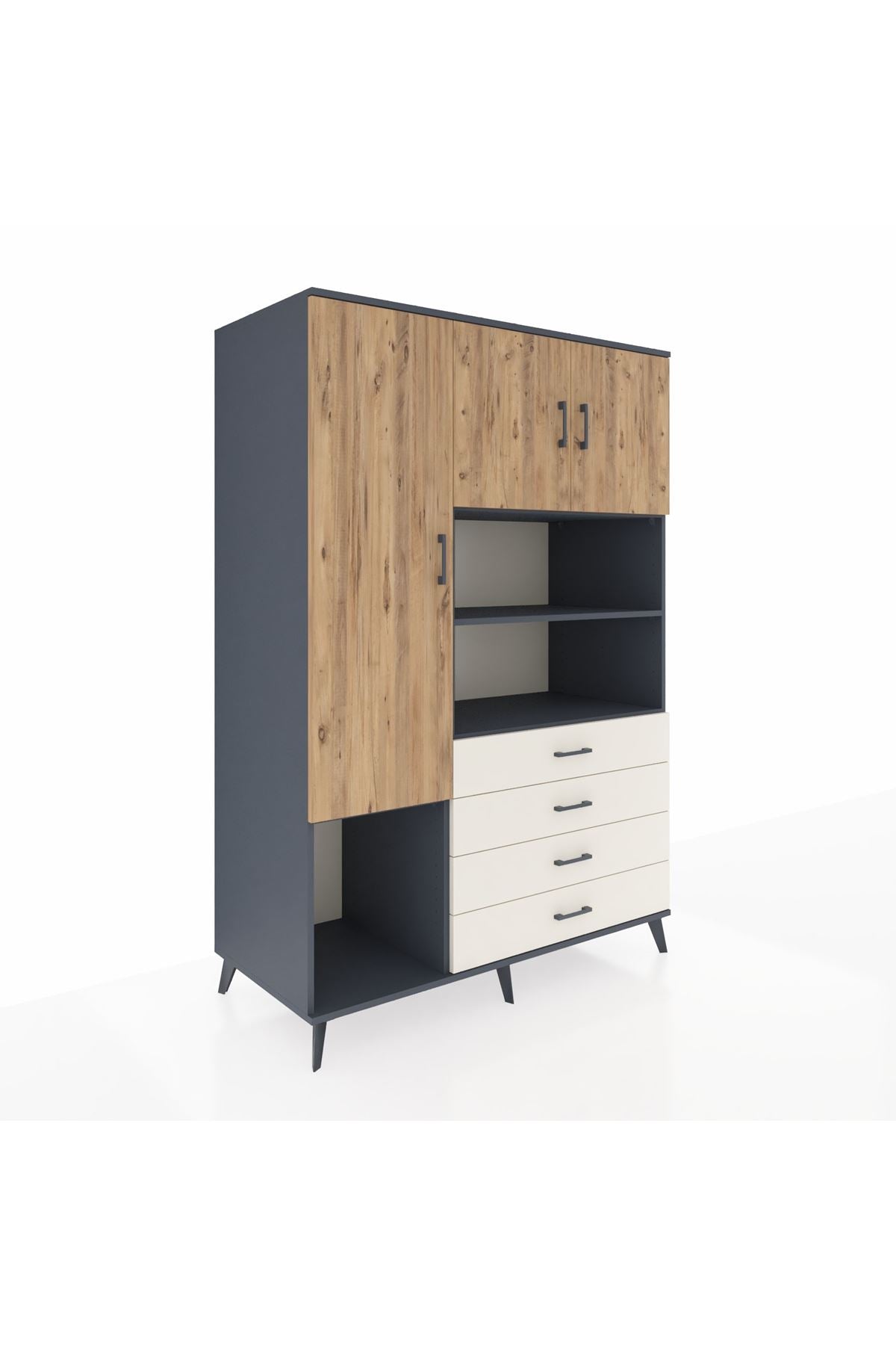 Kronos Dolap 7 Raflı 4 Çekmeceli 3 Kapaklı 132x59x195 Antrasit-Çam/Aytaşı