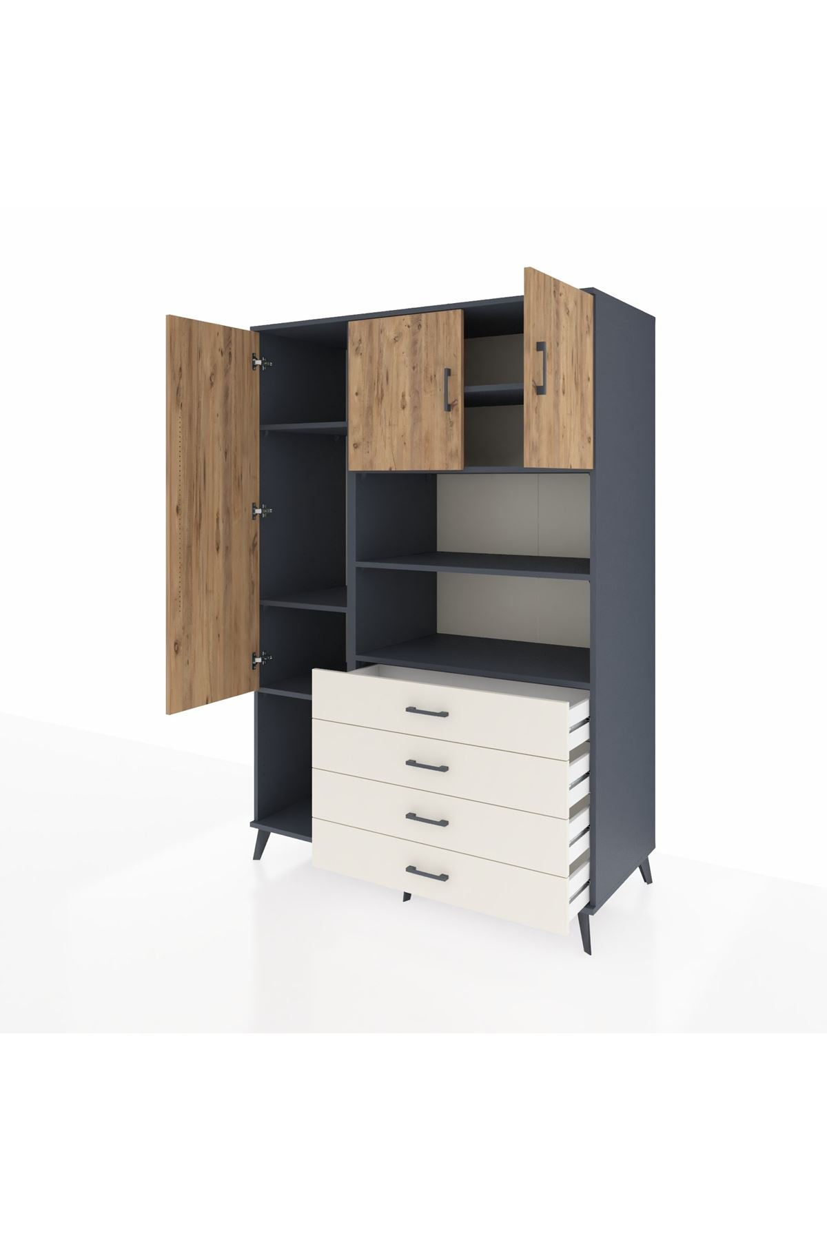 Kronos Dolap 7 Raflı 4 Çekmeceli 3 Kapaklı 132x59x195 Antrasit-Çam/Aytaşı