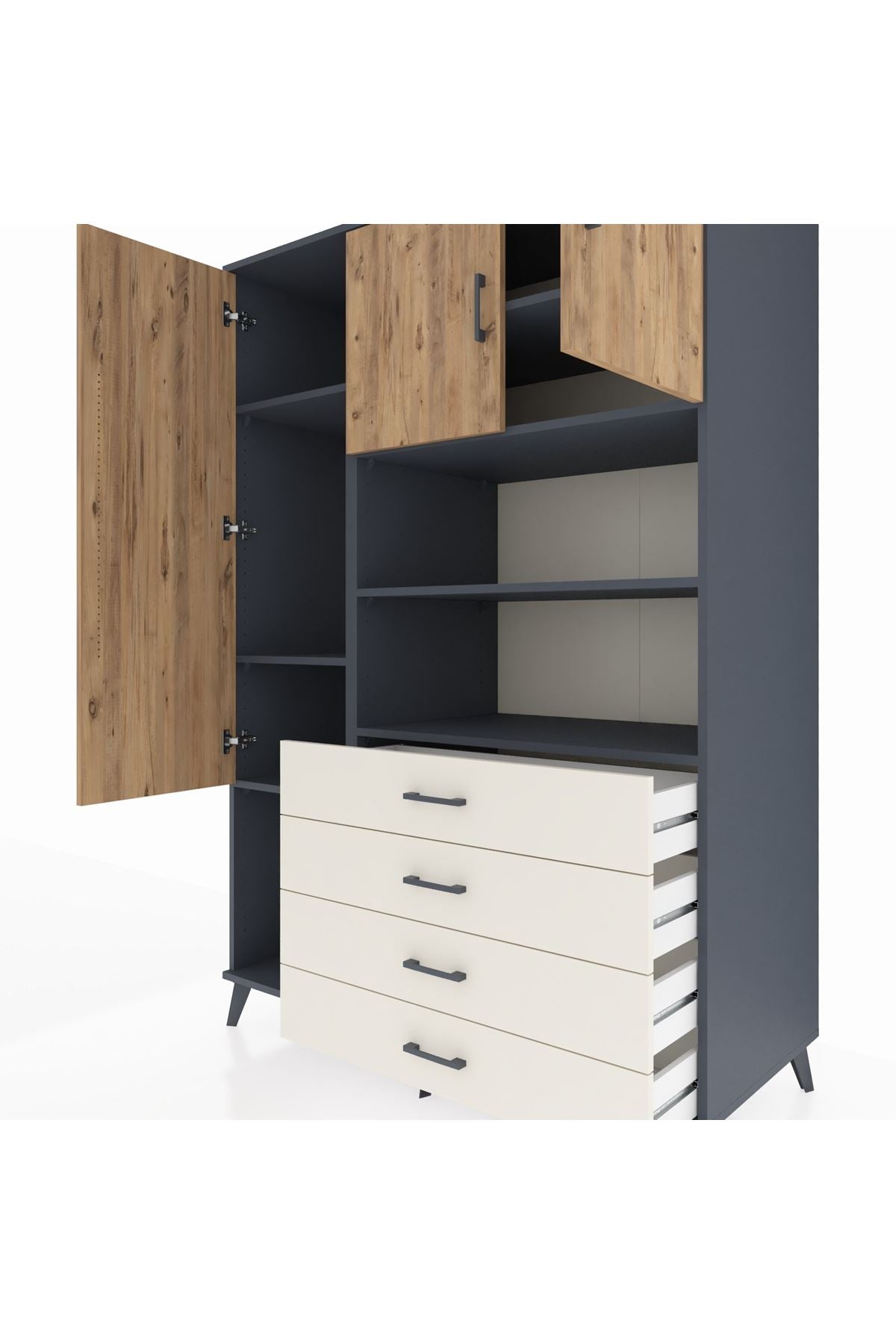 Kronos Dolap 7 Raflı 4 Çekmeceli 3 Kapaklı 132x59x195 Antrasit-Çam/Aytaşı