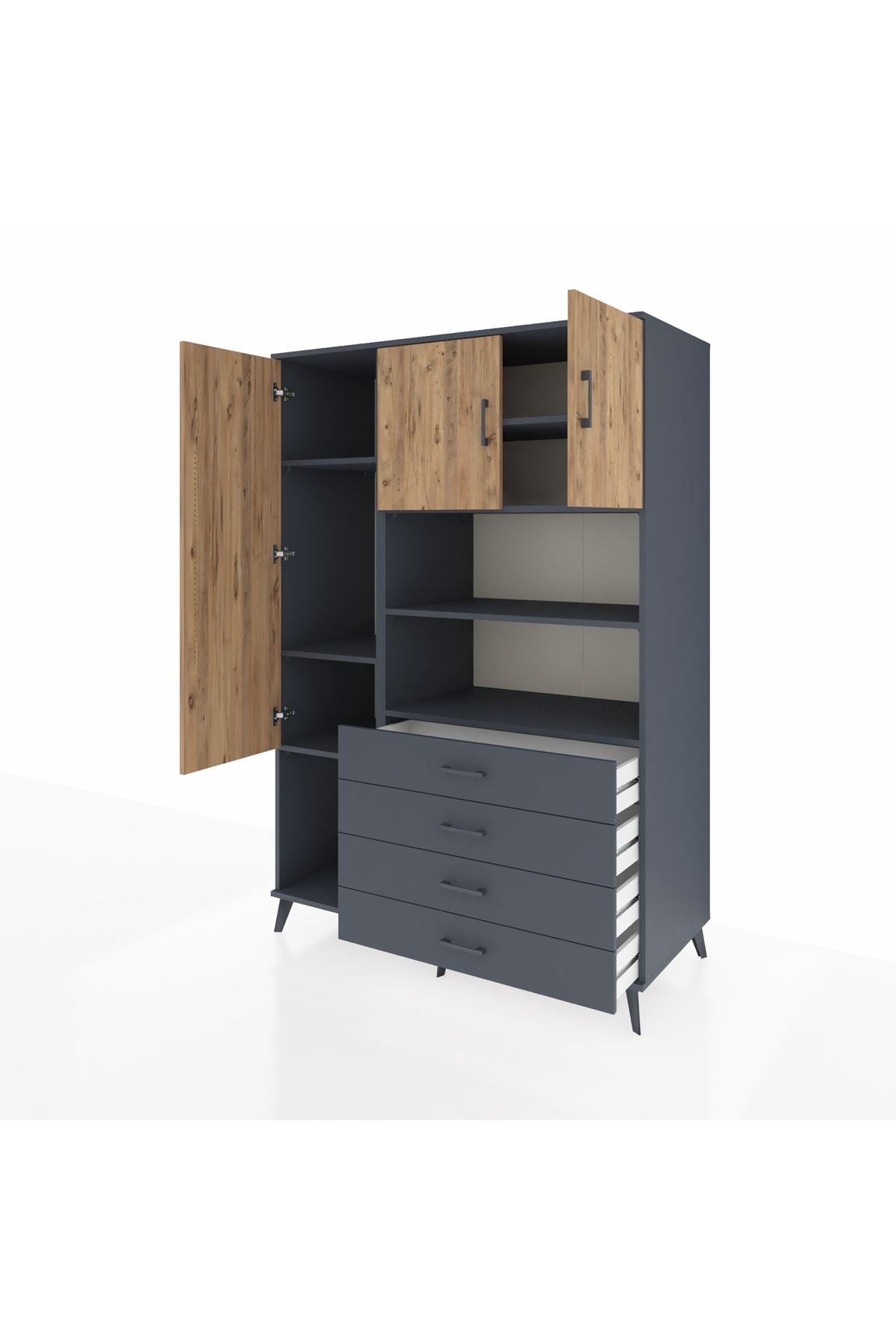 Kronos Dolap 7 Raflı 4 Çekmeceli 3 Kapaklı 132x59x195 Antrasit-Çam/Antrasit