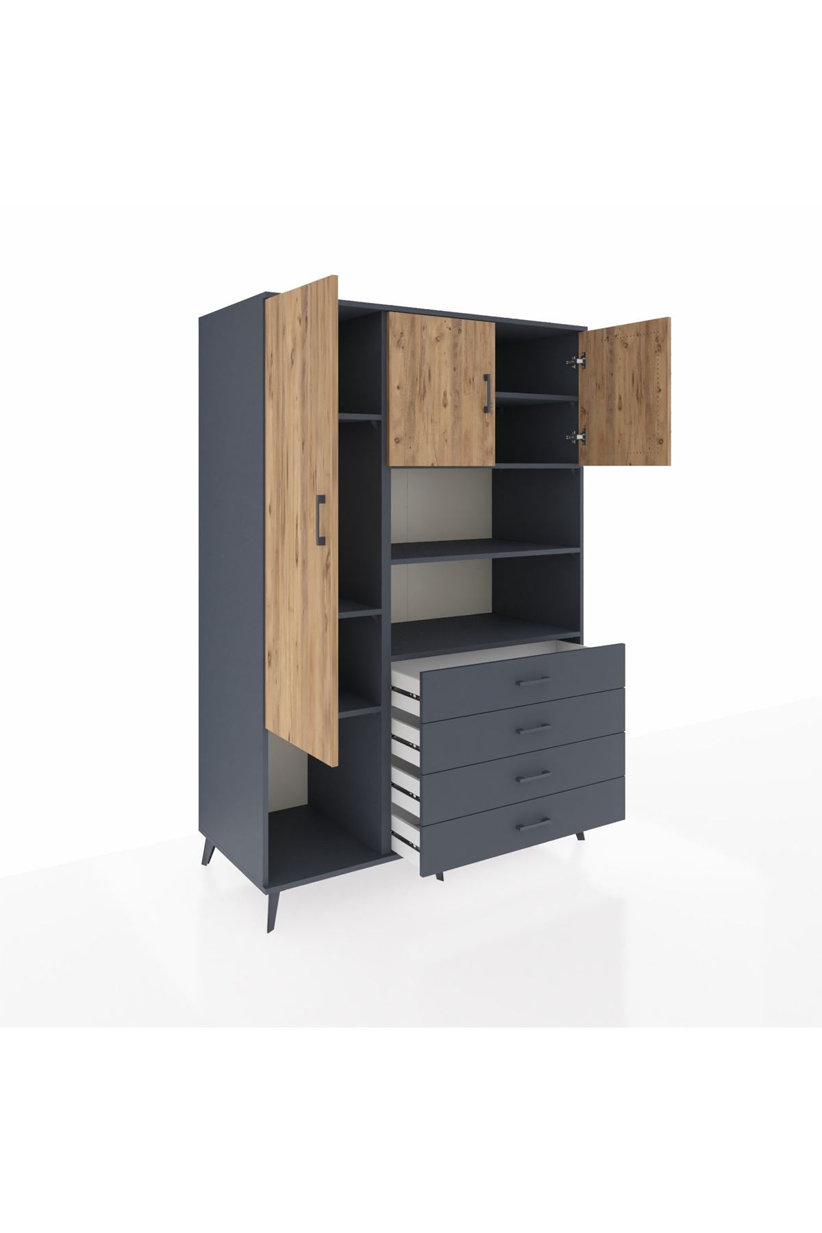 Kronos Dolap 7 Raflı 4 Çekmeceli 3 Kapaklı 132x59x195 Antrasit-Çam/Antrasit
