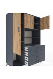 Kronos Dolap 7 Raflı 4 Çekmeceli 3 Kapaklı 132x59x195 Antrasit-Çam/Antrasit