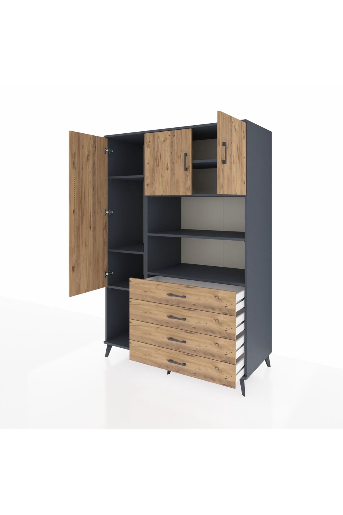 Kronos Dolap 7 Raflı 4 Çekmeceli 3 Kapaklı 132x59x195 Antrasit-Çam/Çam