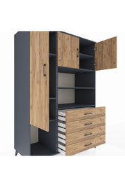 Kronos Dolap 7 Raflı 4 Çekmeceli 3 Kapaklı 132x59x195 Antrasit-Çam/Çam