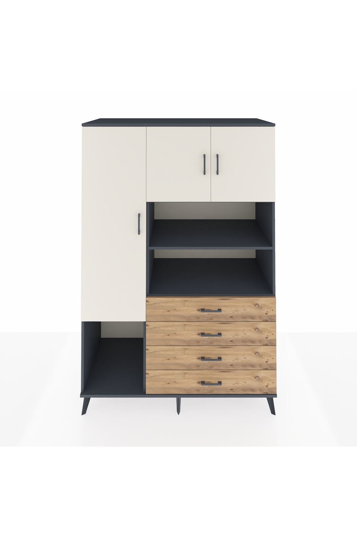 Kronos Dolap 7 Raflı 4 Çekmeceli 3 Kapaklı 132x59x195 Antrasit-Aytaşı/Çam