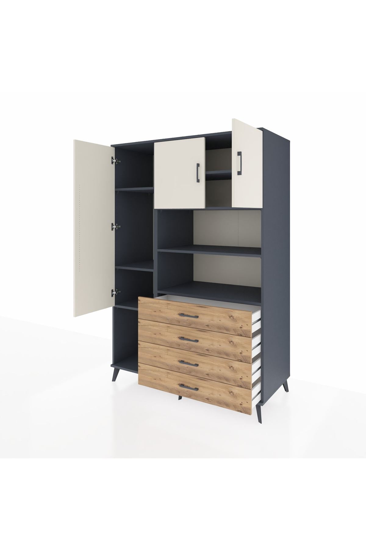 Kronos Dolap 7 Raflı 4 Çekmeceli 3 Kapaklı 132x59x195 Antrasit-Aytaşı/Çam