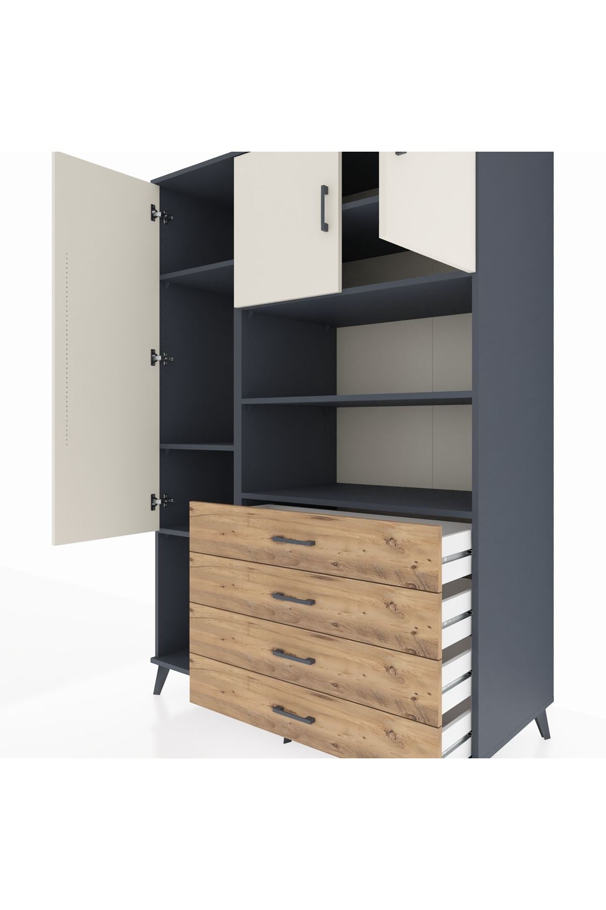 Kronos Dolap 7 Raflı 4 Çekmeceli 3 Kapaklı 132x59x195 Antrasit-Aytaşı/Çam
