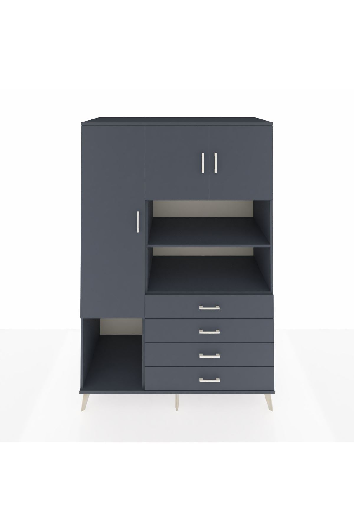 Kronos Dolap 7 Raflı 4 Çekmeceli 3 Kapaklı 132x59x195 Antrasit-Antrasit/Antrasit