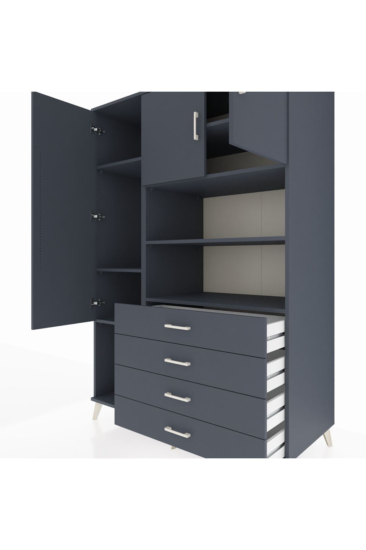 Kronos Dolap 7 Raflı 4 Çekmeceli 3 Kapaklı 132x59x195 Antrasit-Antrasit/Antrasit