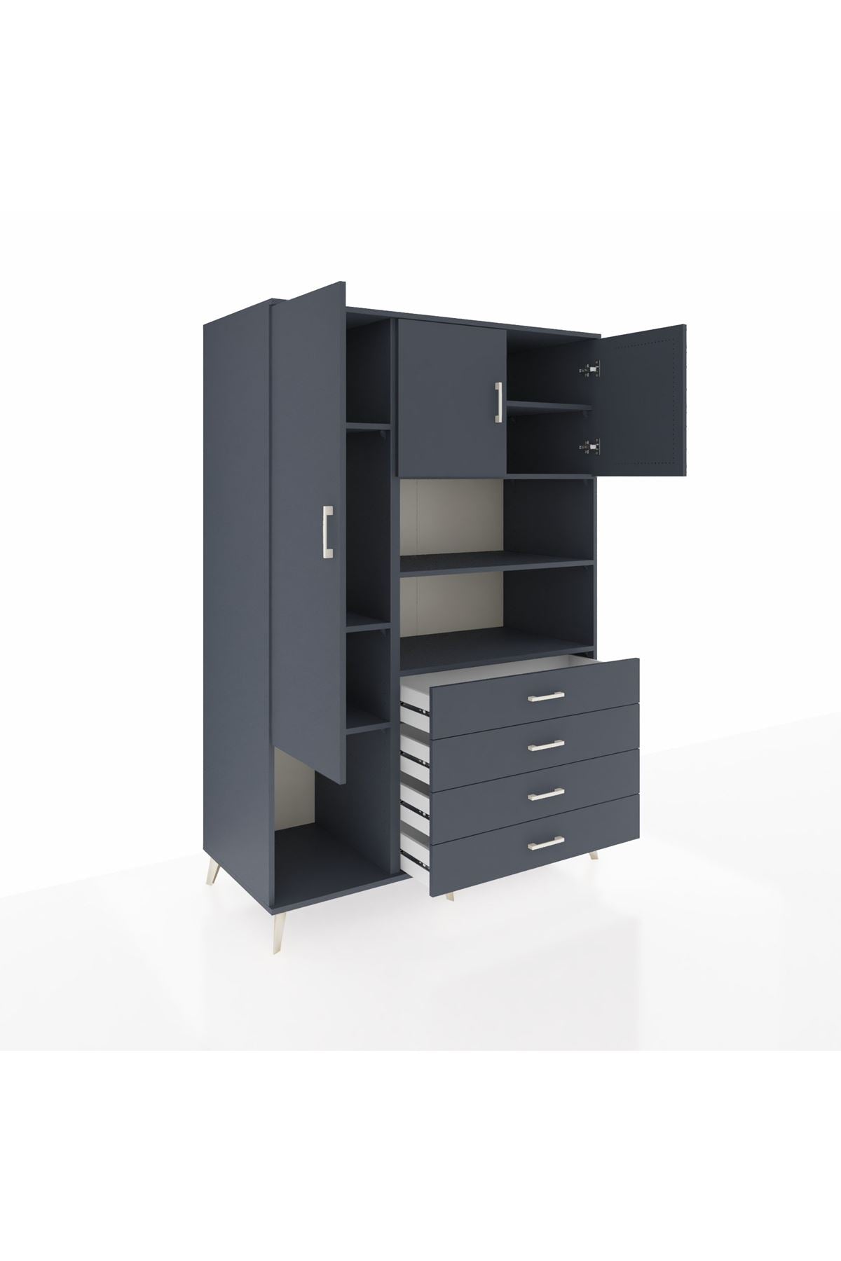 Kronos Dolap 7 Raflı 4 Çekmeceli 3 Kapaklı 132x59x195 Antrasit-Antrasit/Antrasit