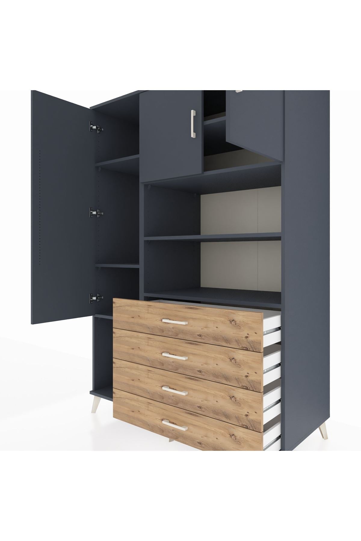 Kronos Dolap 7 Raflı 4 Çekmeceli 3 Kapaklı 132x59x195 Antrasit-Antrasit/Çam