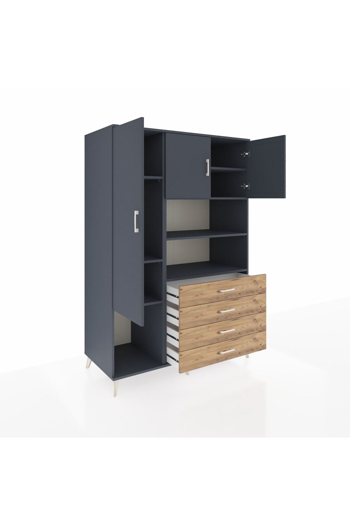 Kronos Dolap 7 Raflı 4 Çekmeceli 3 Kapaklı 132x59x195 Antrasit-Antrasit/Çam