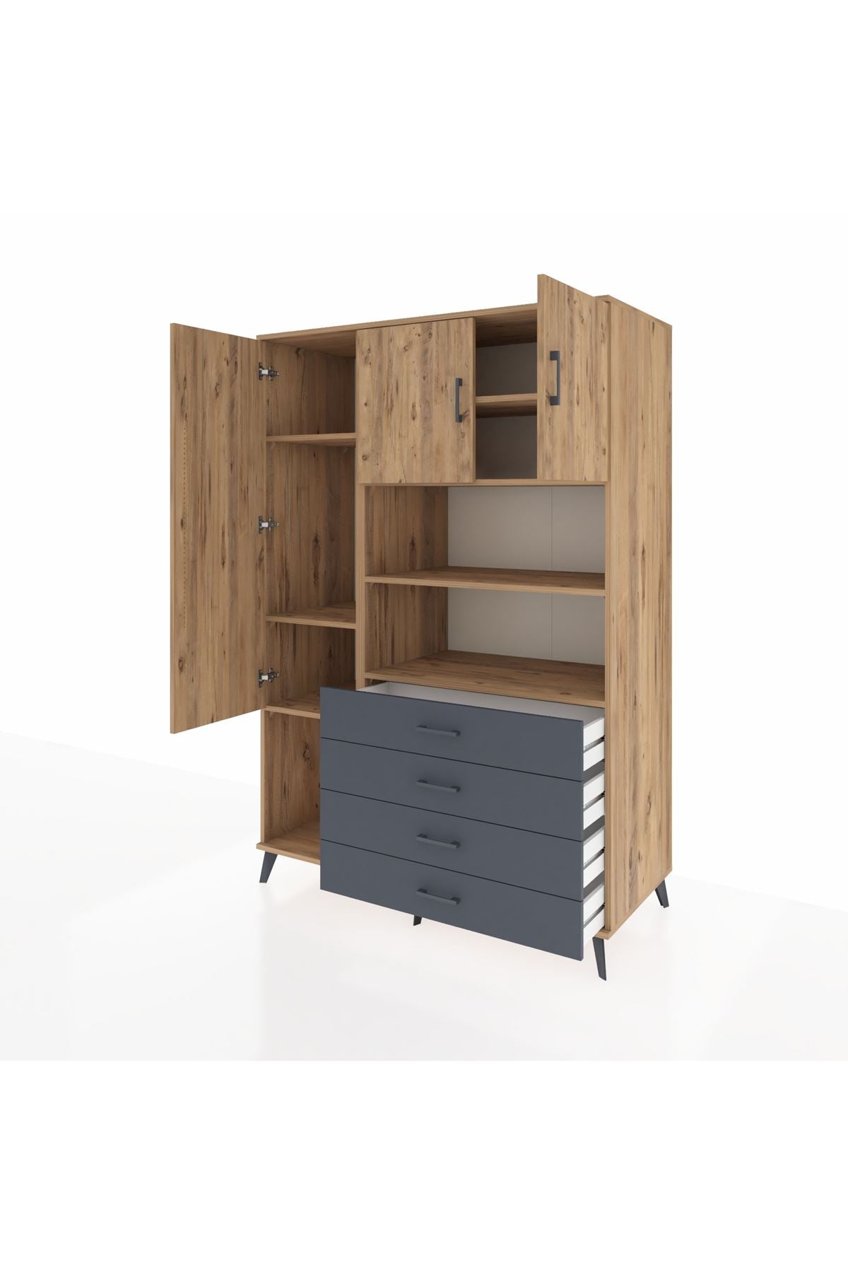 Kronos Dolap 7 Raflı 4 Çekmeceli 3 Kapaklı 132x59x195 Çam-Çam/Antrasit