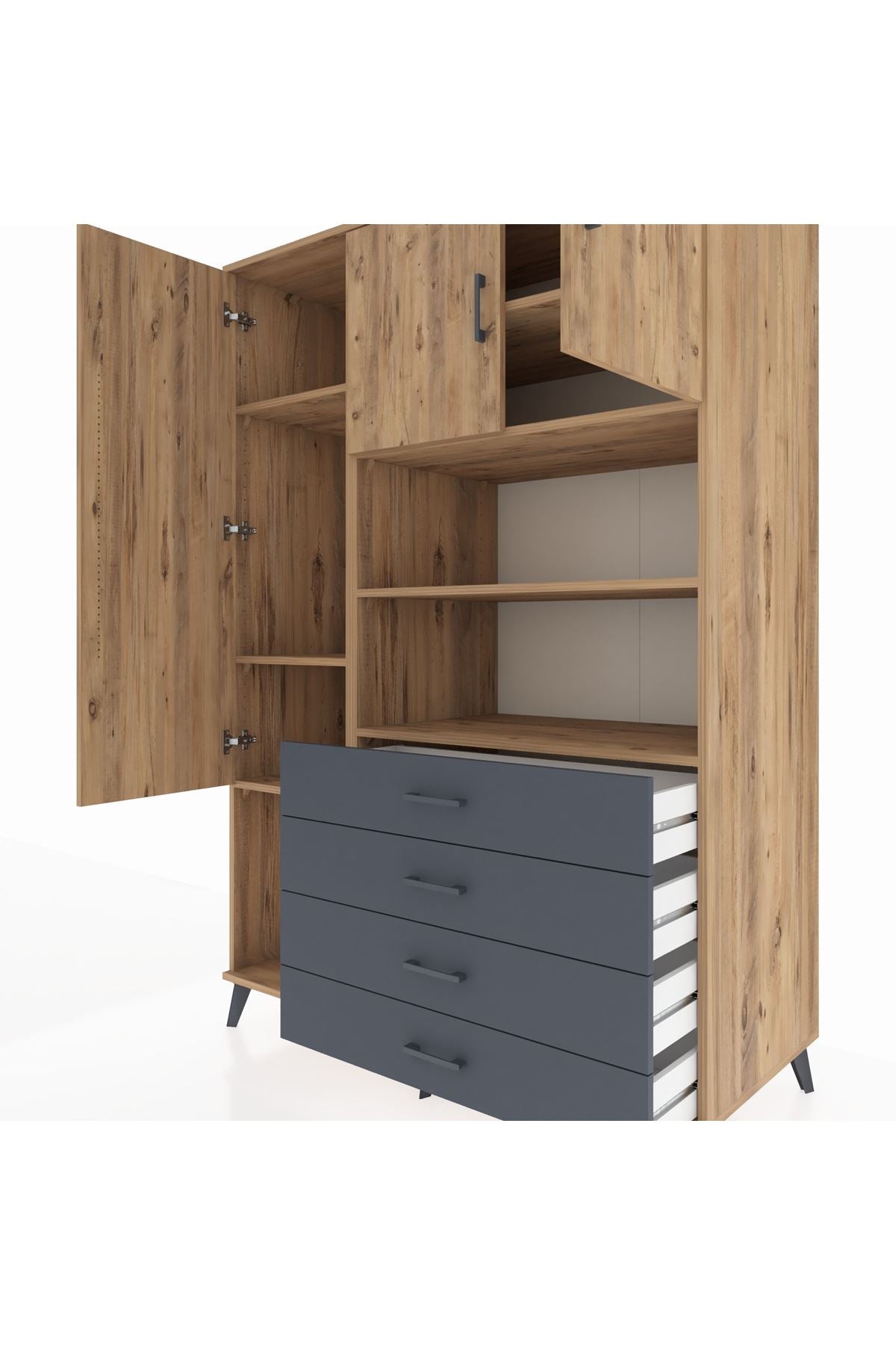 Kronos Dolap 7 Raflı 4 Çekmeceli 3 Kapaklı 132x59x195 Çam-Çam/Antrasit