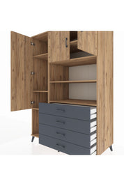 Kronos Dolap 7 Raflı 4 Çekmeceli 3 Kapaklı 132x59x195 Çam-Çam/Antrasit