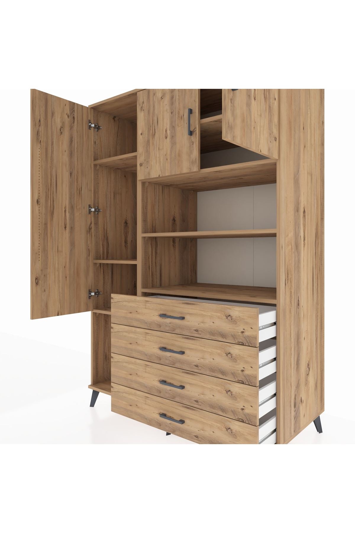 Kronos Dolap 7 Raflı 4 Çekmeceli 3 Kapaklı 132x59x195 Çam-Çam/Çam