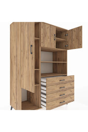 Kronos Dolap 7 Raflı 4 Çekmeceli 3 Kapaklı 132x59x195 Çam-Çam/Çam