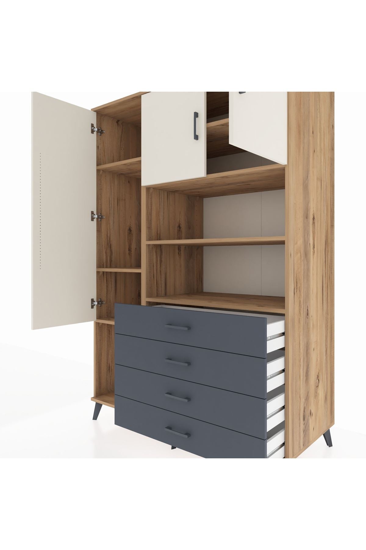 Kronos Dolap 7 Raflı 4 Çekmeceli 3 Kapaklı 132x59x195 Çam-Aytaşı/Antrasit