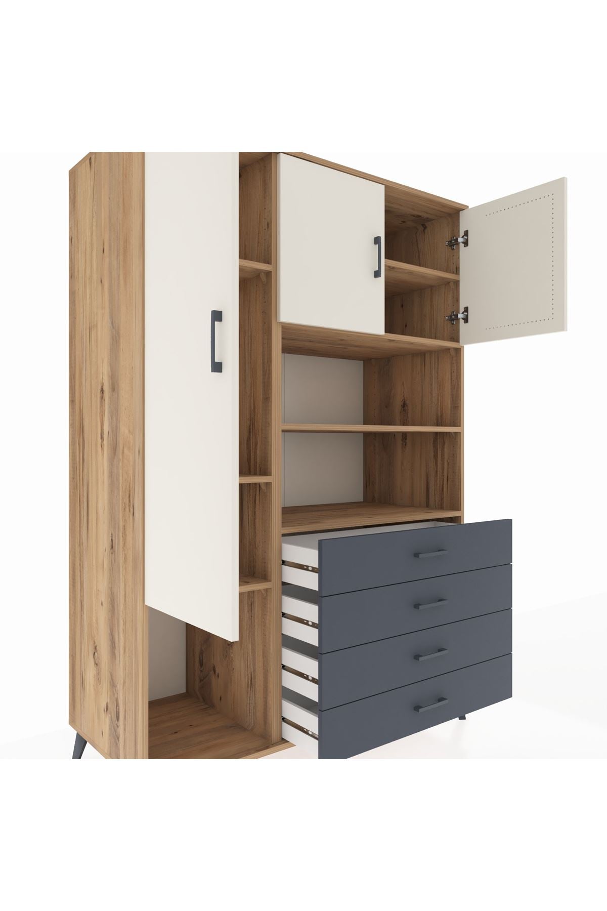 Kronos Dolap 7 Raflı 4 Çekmeceli 3 Kapaklı 132x59x195 Çam-Aytaşı/Antrasit