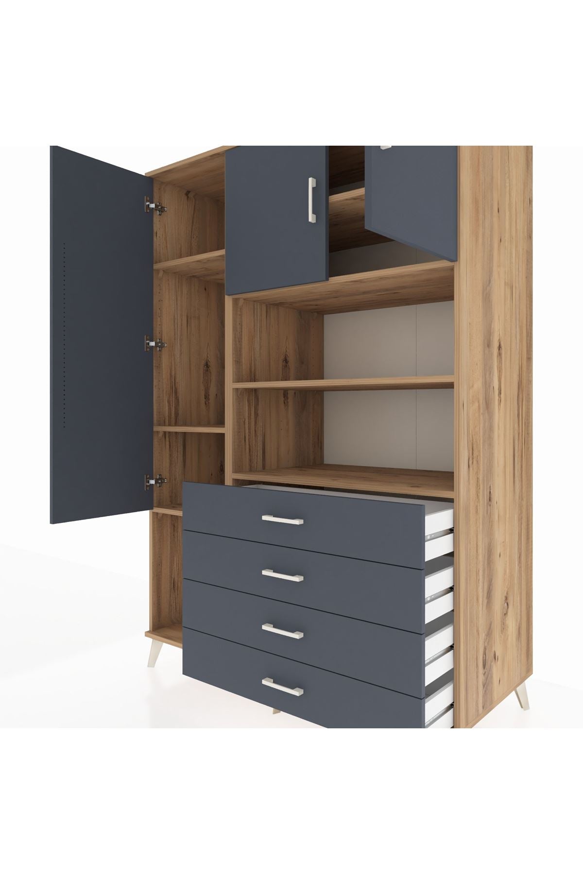 Kronos Dolap 7 Raflı 4 Çekmeceli 3 Kapaklı 132x59x195 Çam-Antrasit/Antrasit