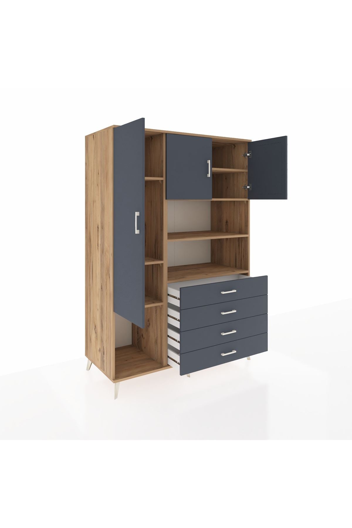 Kronos Dolap 7 Raflı 4 Çekmeceli 3 Kapaklı 132x59x195 Çam-Antrasit/Antrasit