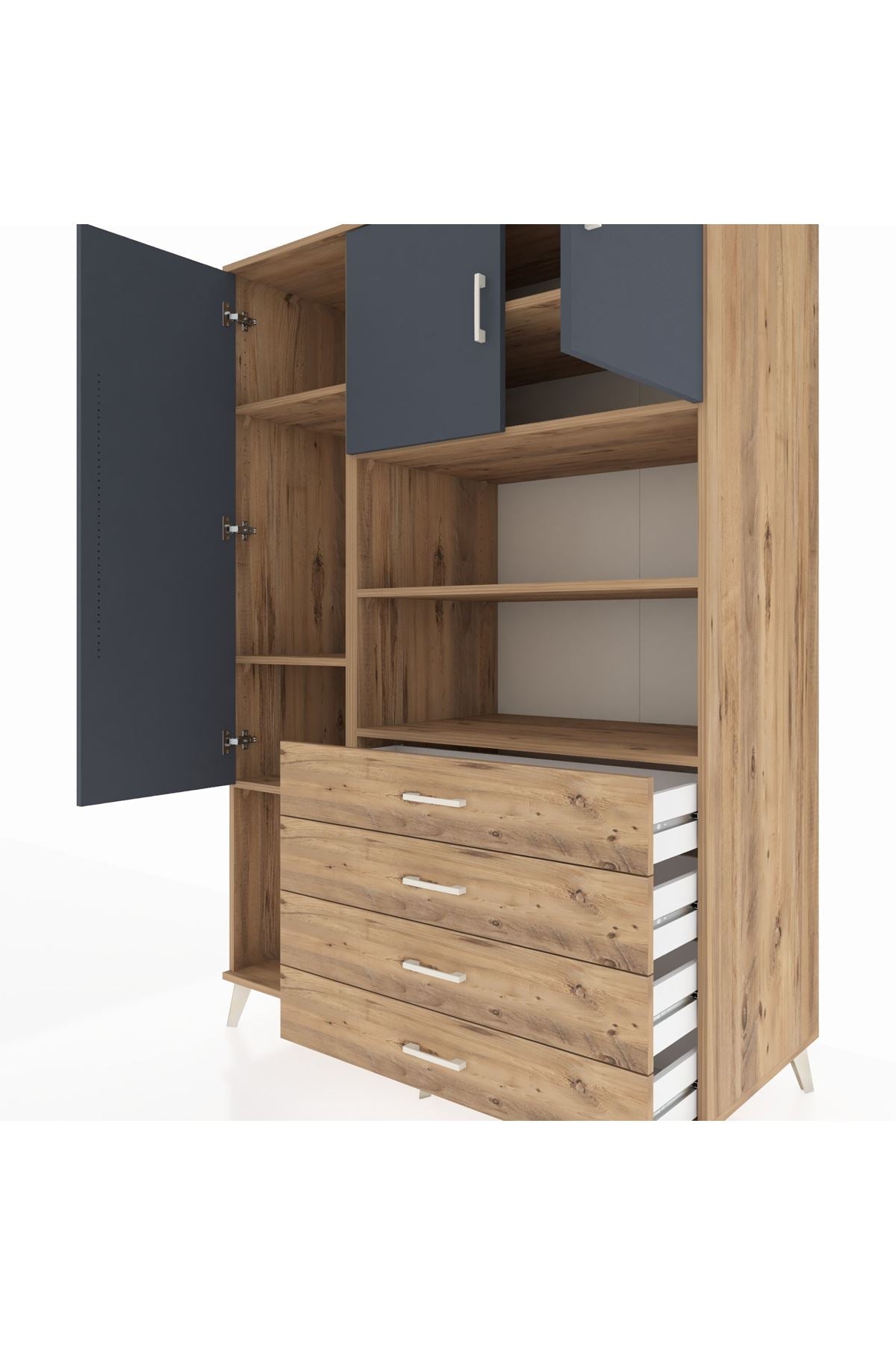 Kronos Dolap 7 Raflı 4 Çekmeceli 3 Kapaklı 132x59x195 Çam-Antrasit/Çam