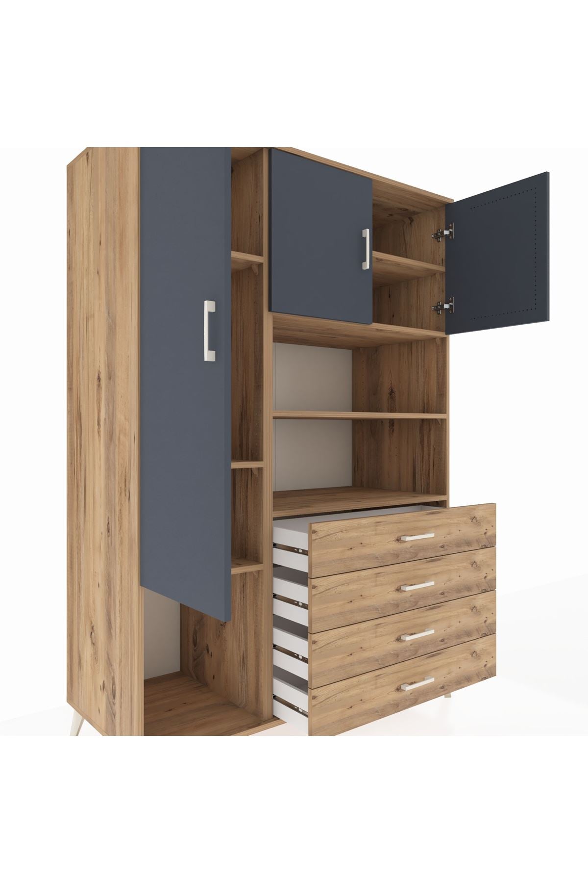 Kronos Dolap 7 Raflı 4 Çekmeceli 3 Kapaklı 132x59x195 Çam-Antrasit/Çam