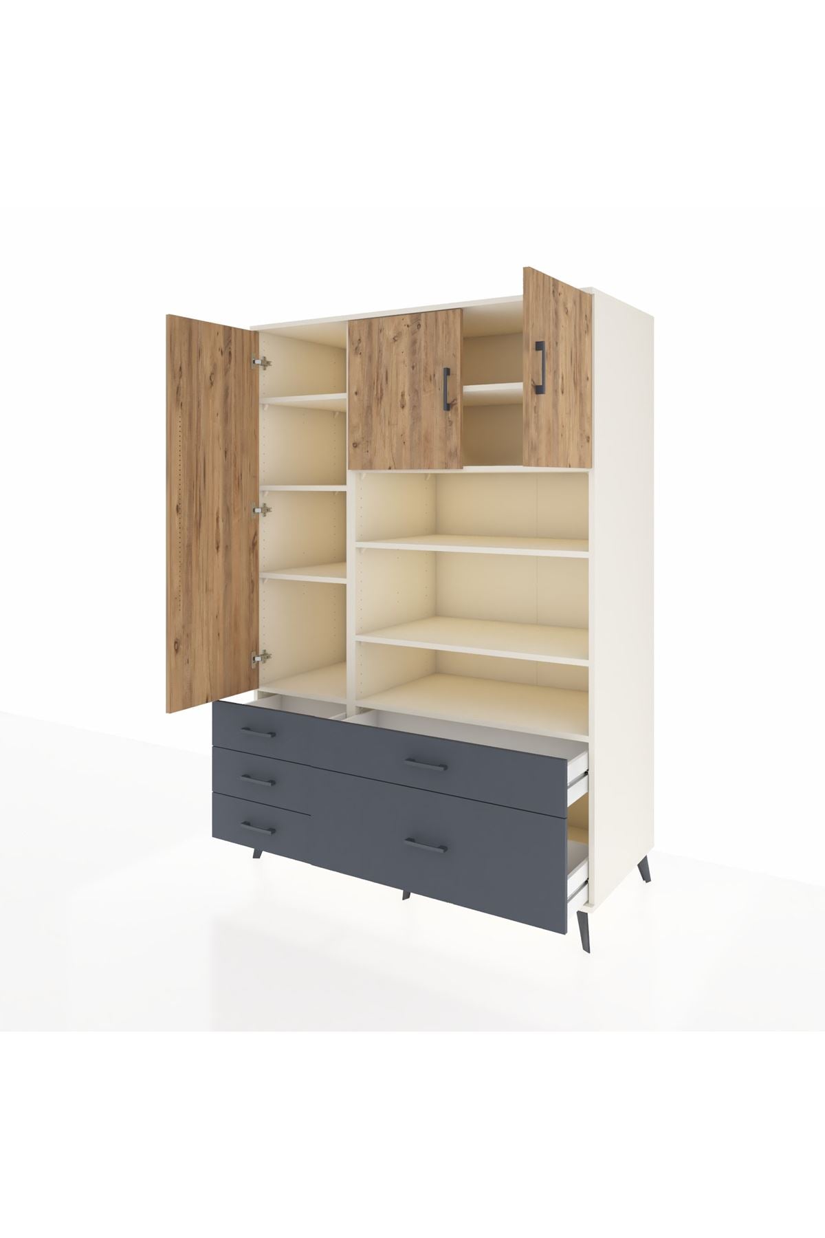 Kronos Dolap 9 Raflı 5 Çekmeceli 3 Kapaklı 132x59x195 Aytaşı-Çam/Antrasit