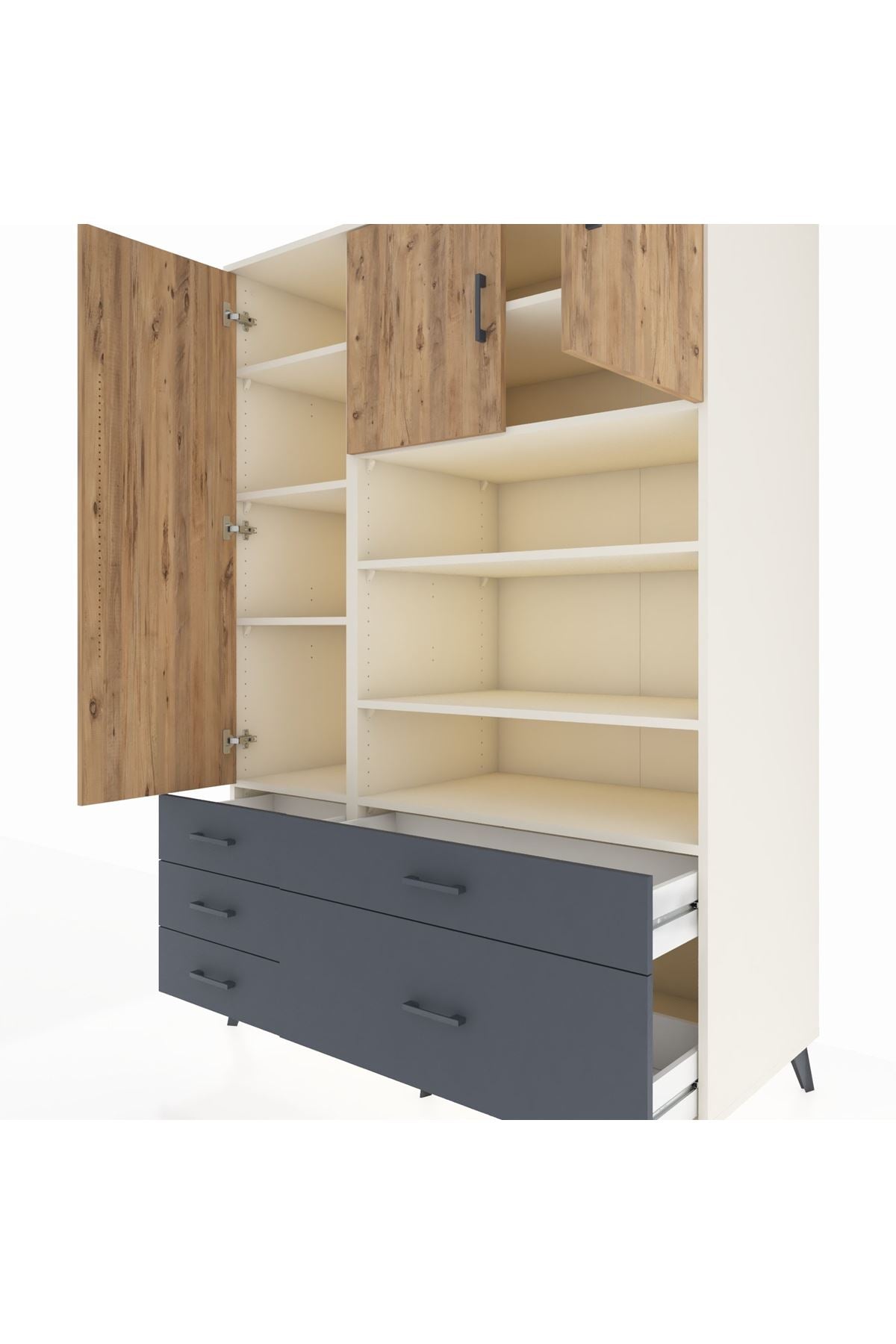 Kronos Dolap 9 Raflı 5 Çekmeceli 3 Kapaklı 132x59x195 Aytaşı-Çam/Antrasit