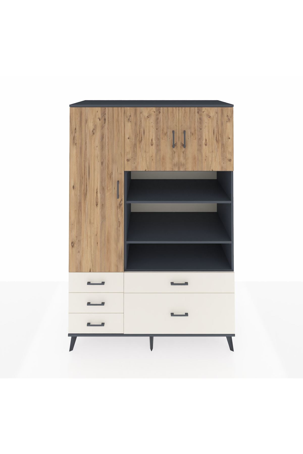 Kronos Dolap 9 Raflı 5 Çekmeceli 3 Kapaklı 132x59x195 Antrasit-Çam/Aytaşı