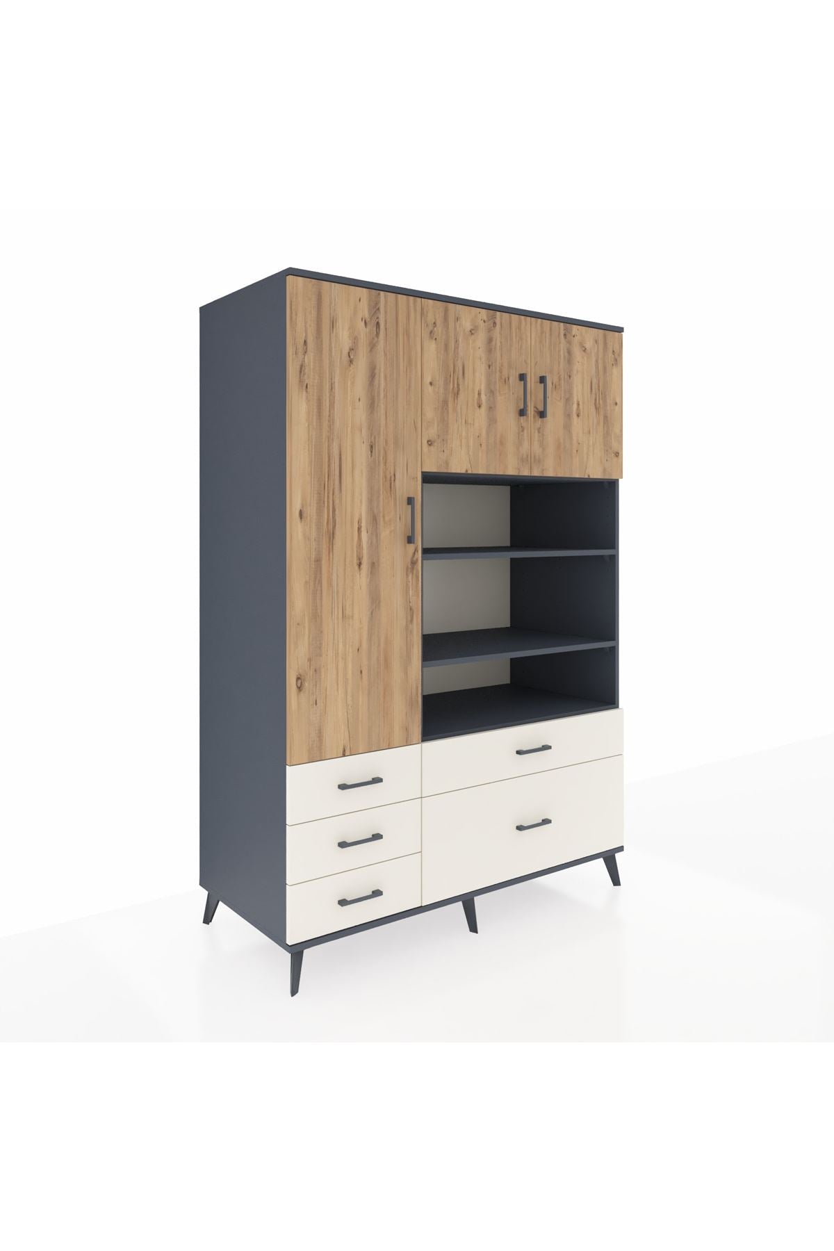 Kronos Dolap 9 Raflı 5 Çekmeceli 3 Kapaklı 132x59x195 Antrasit-Çam/Aytaşı